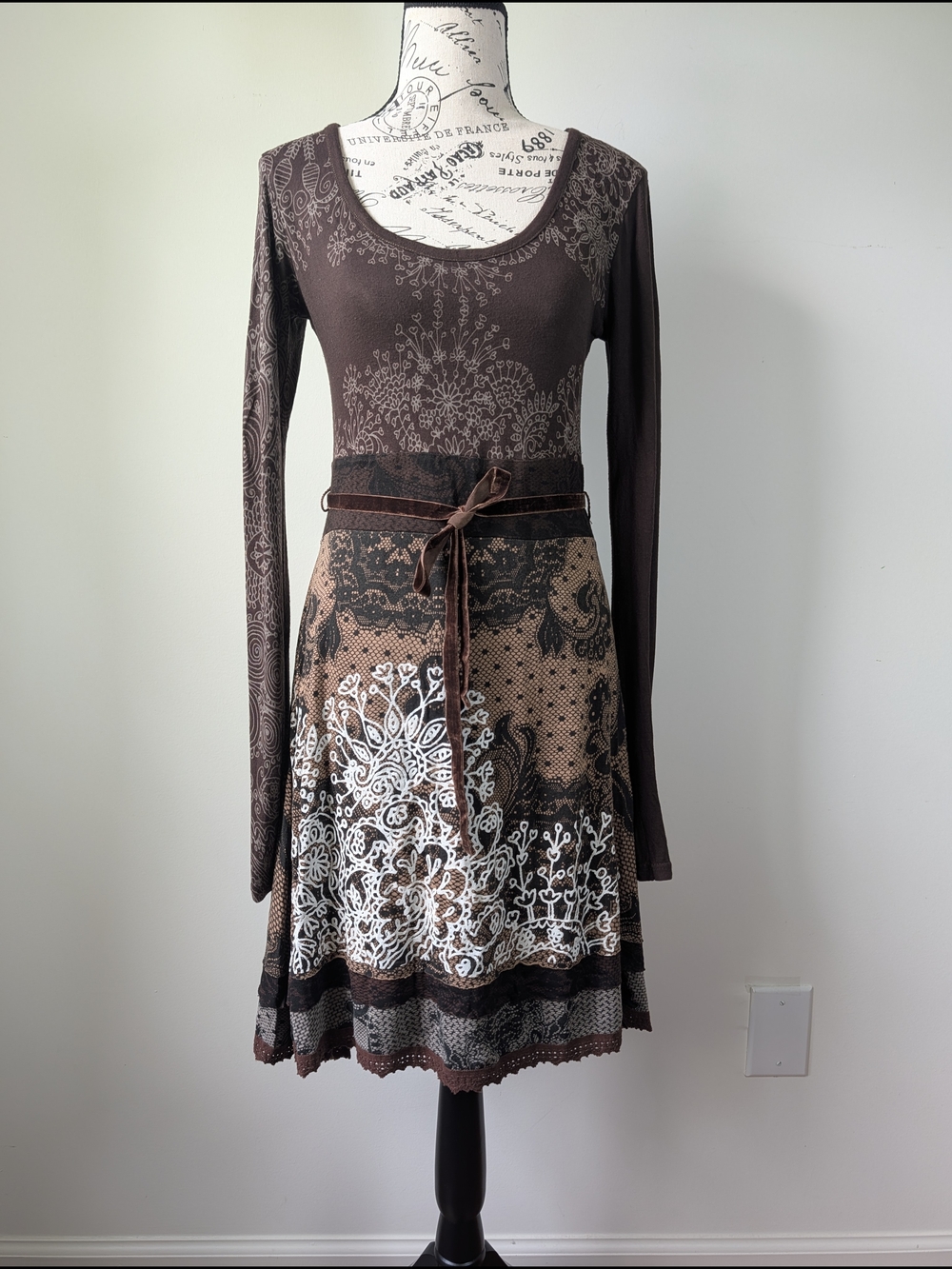 Desigual Brown Patterned Dress M Long Sleeve Stretch Viscose Boho Mixed Print